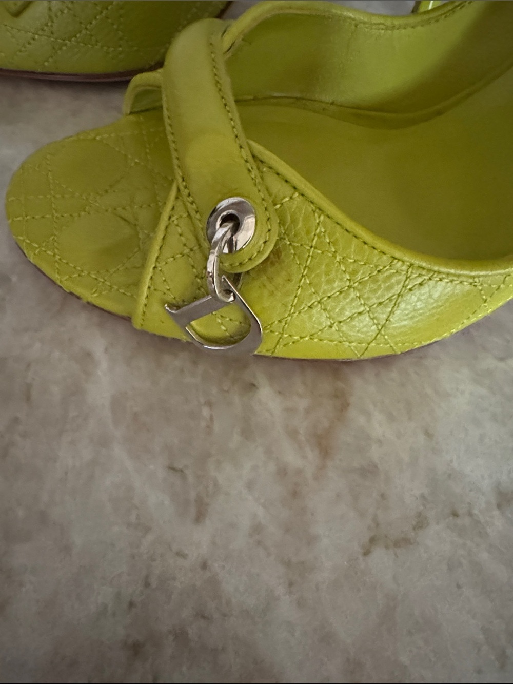 Dior Lime Green Quilted Peep-Toe Leather Pumps - Picture 2 of 10